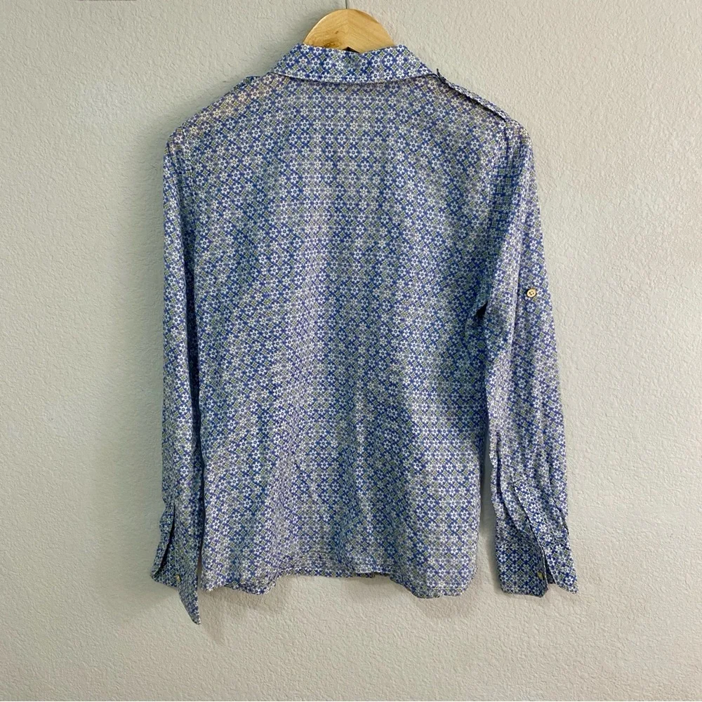 Tory Burch Blue Geometric Tile Print‎ Roll Tab Utility Shirt Size 8